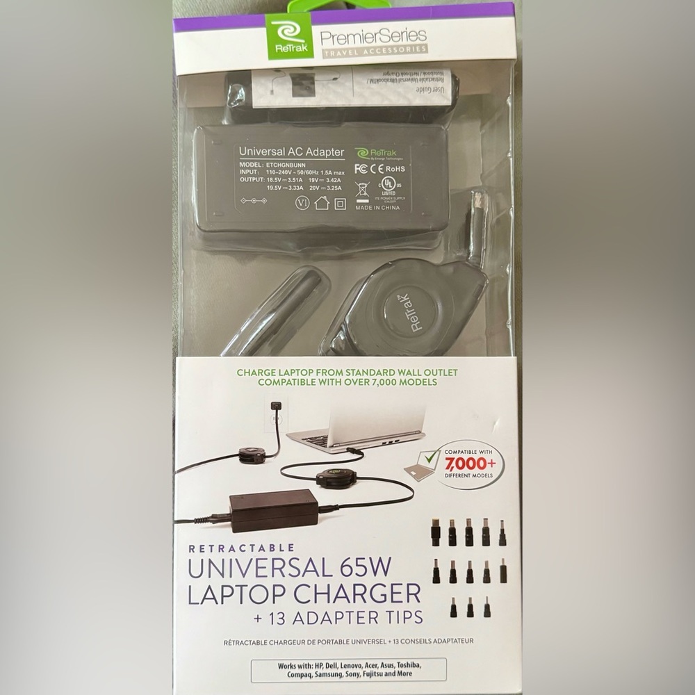 ReTrak Retractable Universal 65W Laptop Charger + 13 Adaptor Tips